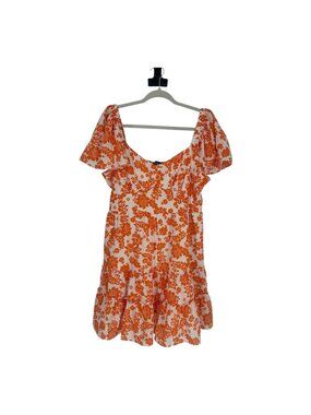 Crystal Doll Orange White Floral Babydoll Dress XL Puff Sleeve Cottagecore Boho